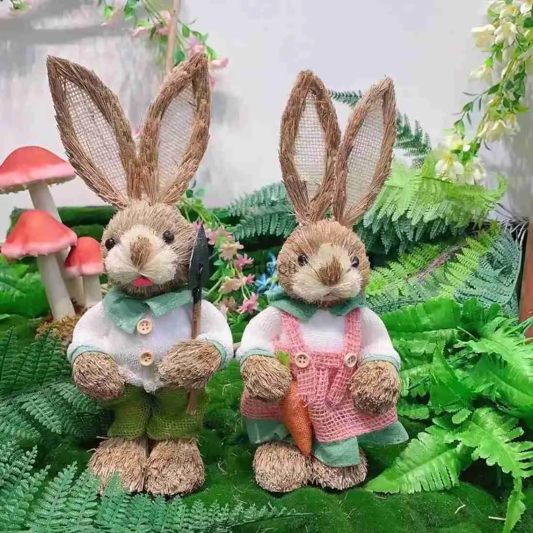 Other Event Party Supplies 2PCS Couple Easter Rabbit Easter Straw Bunny with Clothes Home Garden Wedding Ornament Easter Decorations 2023 Cute Gifts YQ240116