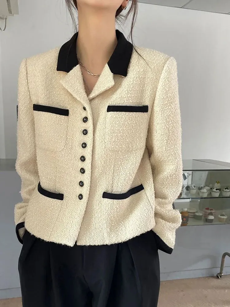Zoki Französisch Büro Dame Elegante Tweed Jacke Casual Einreiher Mode Mantel Frauen Langarm Einfache Chic Süße Outwear 240116