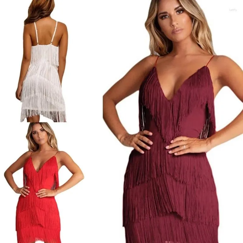 Casual Dresses Fashion Layered Fringe Dress Women Sleeveless Tassel Kort kjol Mini Slip Sexig djup V-ringning Backless Bodycon Drop