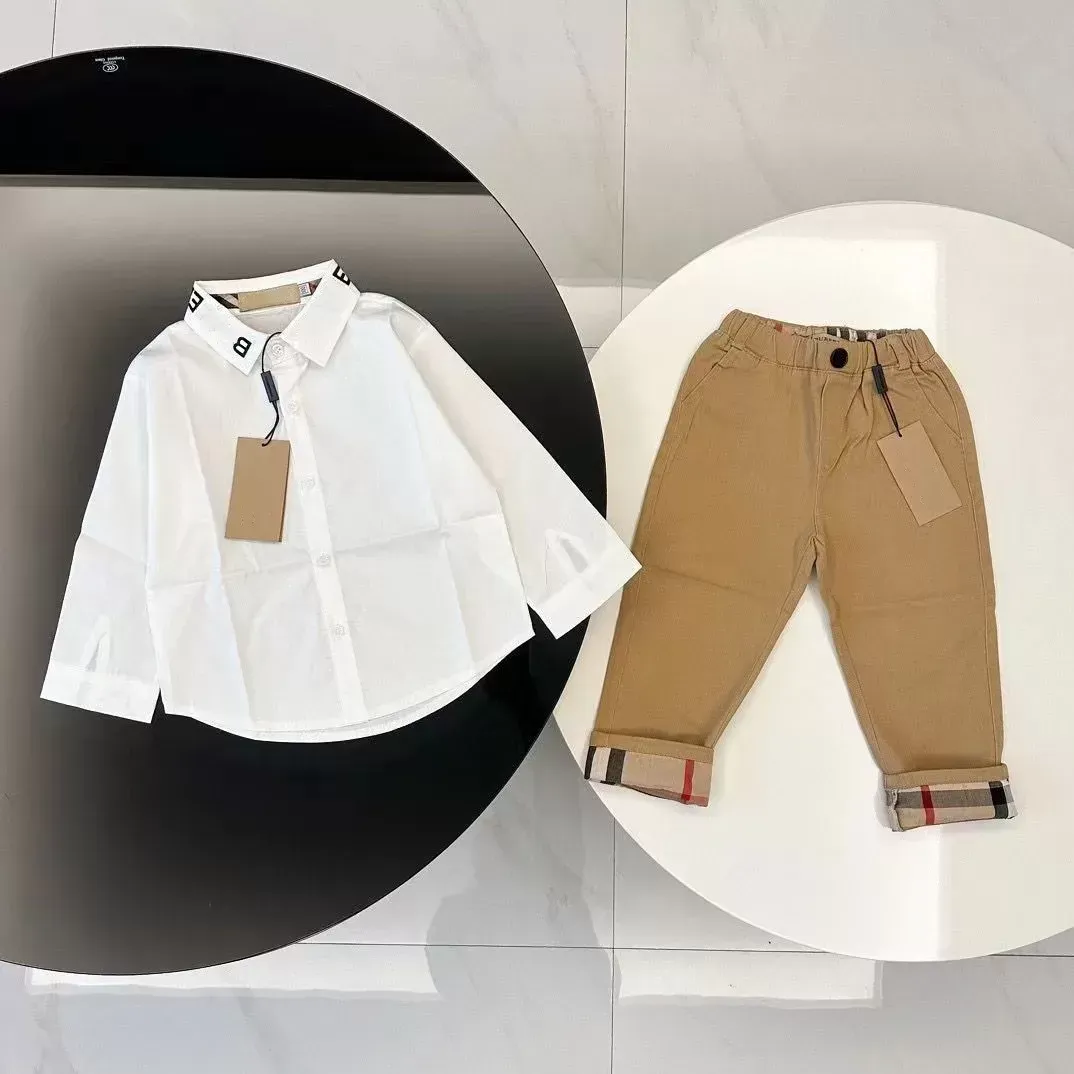 Plaid Baby Clothing Sets Boys Shirts Pants Kids Clothes Suits Children Designer Long Sleeve White tshirts trousers blouse Luxury Brand Letters Girls uniform 100-150