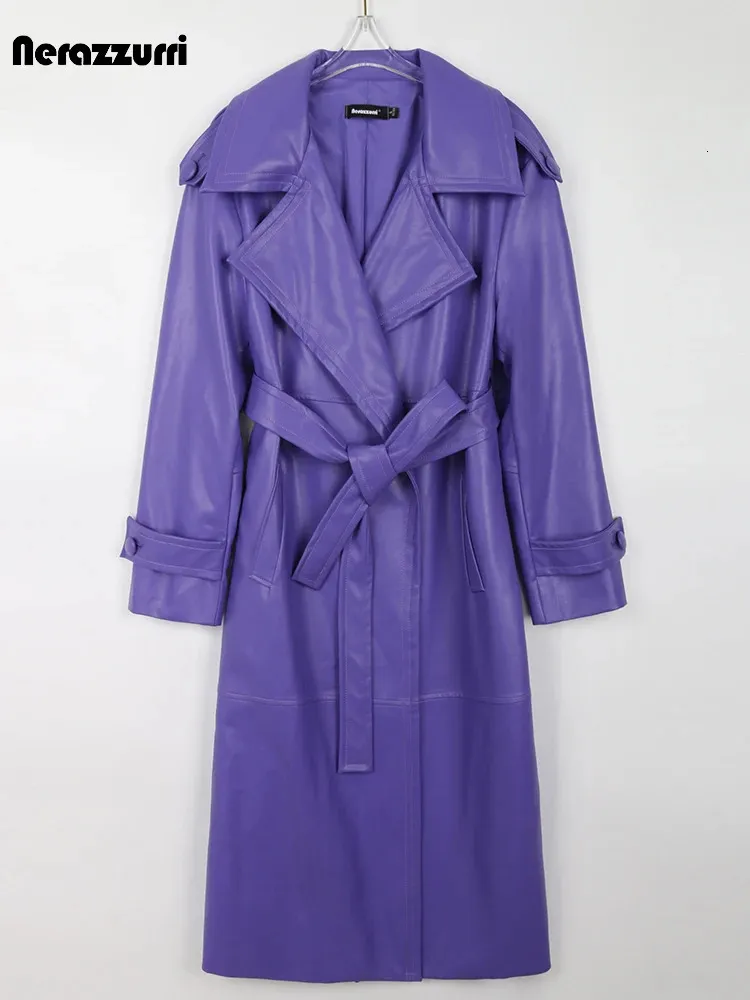 Nerazzurri Autunno lungo viola ecopelle Trench per donna Cintura alta qualità elegante lusso elegante soprabito moda 240115