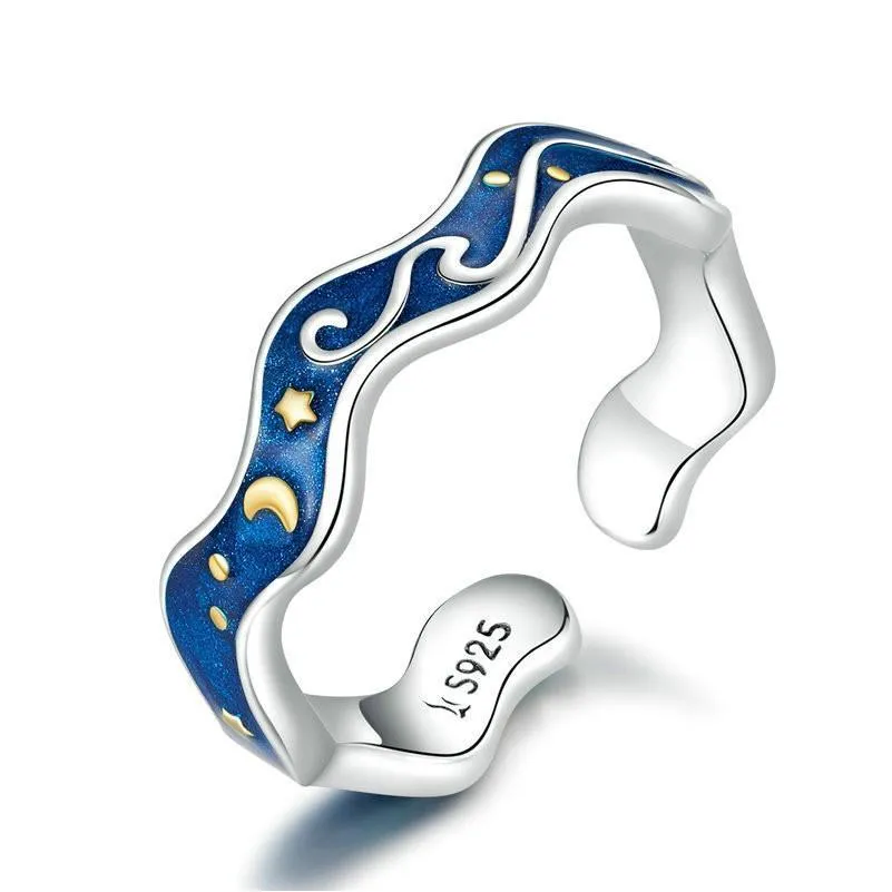 Cluster-Ringe Bamoer Sterling Silber 925 Liebhaberringe für Paare Blauer Sternenhimmel von Van Gogh Offener Fingerring Design Schmuckzubehör Dh1So