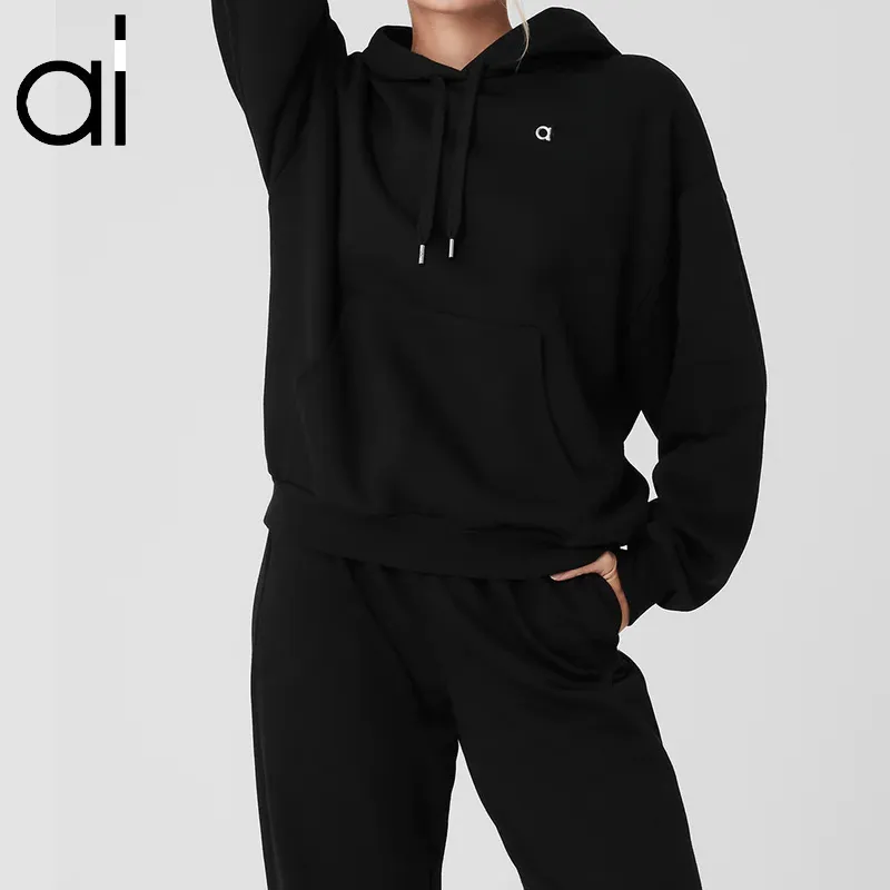 AL Yoga City Sudaderas con Capucha ACCOL Sudaderas Jogger Abrigo cálido Ropa Deportiva Suelta Unisex Casual Suéter con Capucha Doble con Bolsillo Canguro Logotipo 3D Plateado