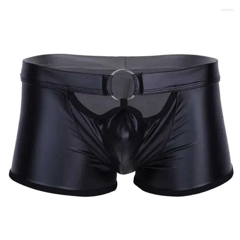 Underpants Men Iron Ring Underwear Matte Patent Leather Shorts Soft Sexy Lingerie Hip-Hop Boxer Hollow Out Large Size Boxers