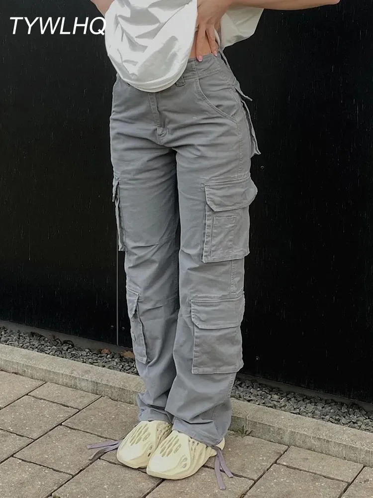 Calças de carga vintage baggy jean moda 90s streetwear bolsos perna larga cintura alta em linha reta y2k denim calças macacão 240115
