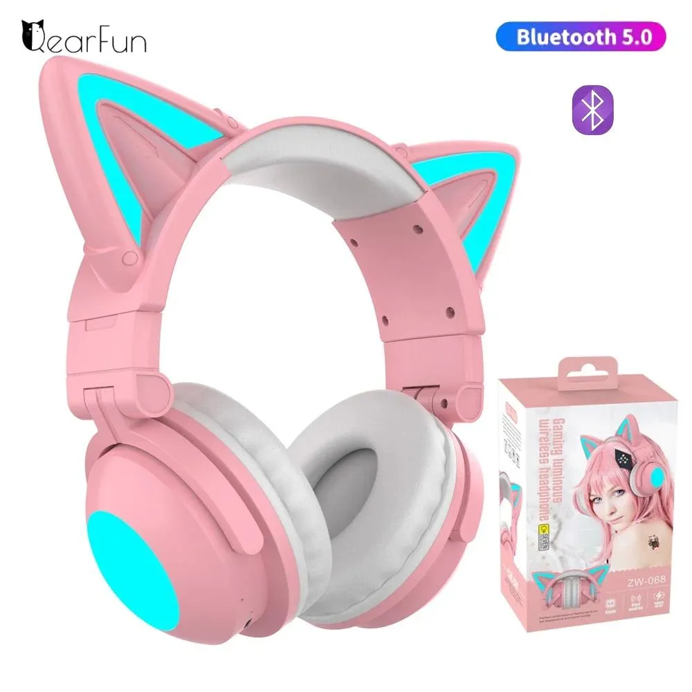 Fones de ouvido fofos fofos sem fio Bluetooth RGB Girls Kid Boned Headset estéreo com Microfone Music Control Cat Gato Ear fone de ouvido