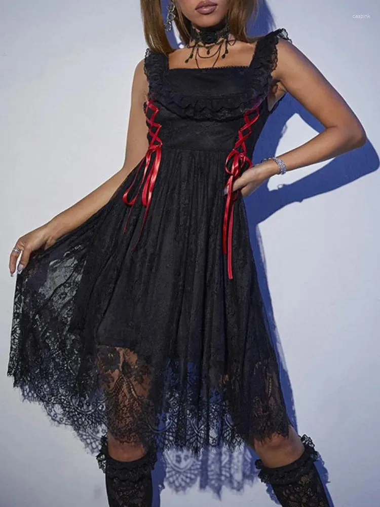 Casual Dresses 2024 Retro Mall Gothic Dark Spets A Pendant Mini Dress Female Punk Rem Eesthetic Y2k Grunge High Street