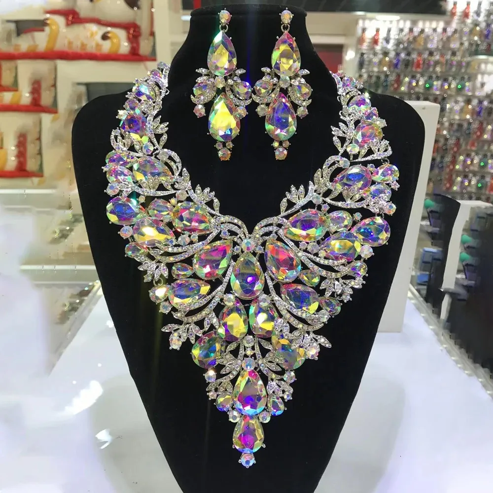Stonefans Rhinestone Drop Necklace Earrings Set for Women Party Accessories Large Exaggerated Drag Queen Jewelry Set Luxury 240115