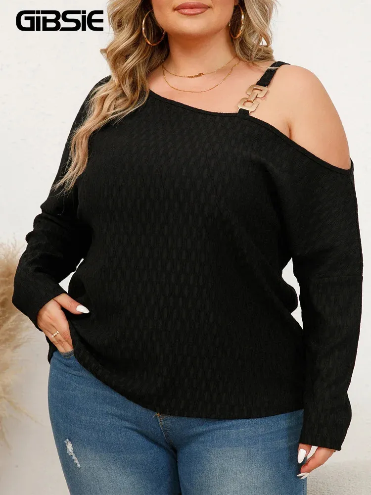 GIBSIE Plus Size Spalle scoperte Manica lunga Maglia Top Moda 2023 Autunno Casual Allentato Nero Stretch Camicette da donna Camicie 240116