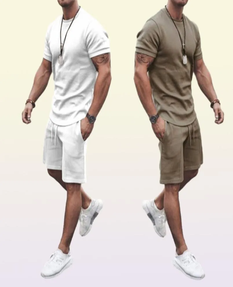 Ta para agasalho masculino 2 peças conjunto verão sólido esporte havaiano terno manga curta camiseta e shorts casual moda homem roupas 2209698899