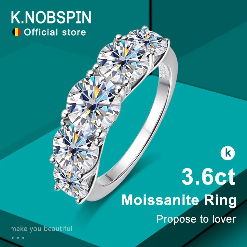 Display Knobspin 5 Stones 3.6ct D Color Moissanite Rings for Women Sparkling Diamonds with Certificates Sterling Sliver Wedding Ring