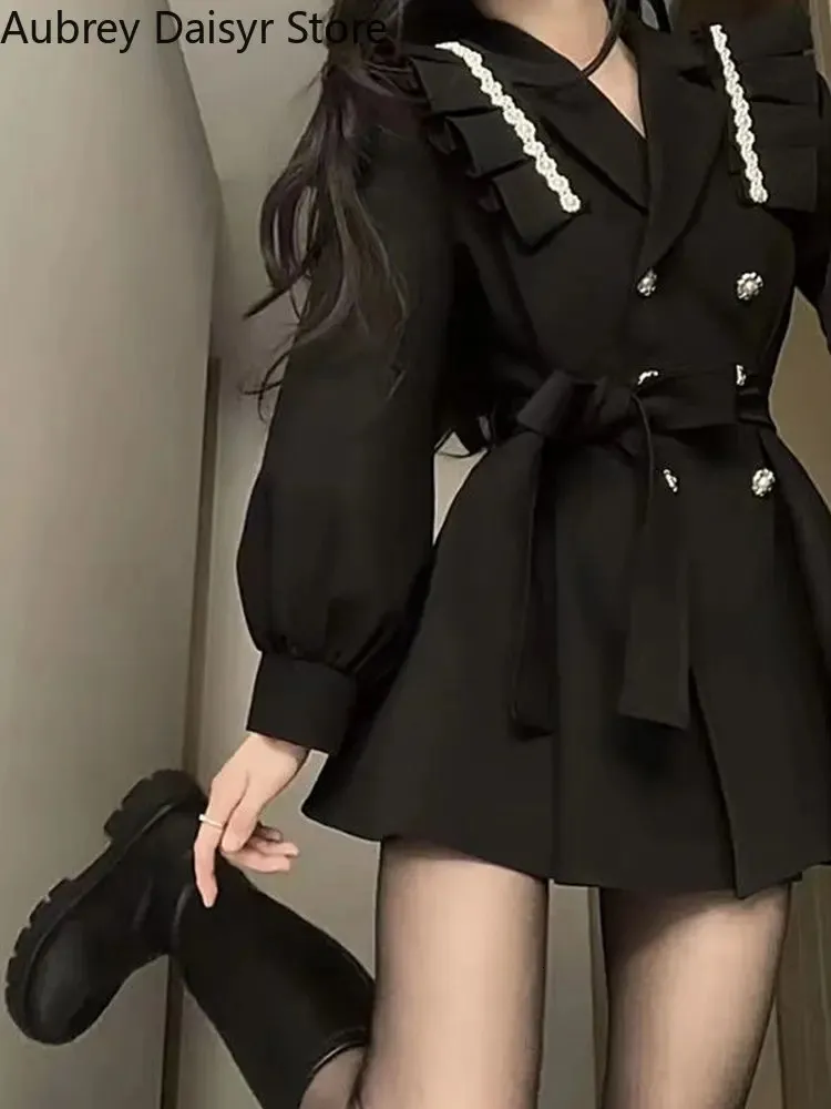 Mode coréenne noir Mini Blazer robe femmes élégant Chic ceintures bouton conception hiver décontracté Sexy soirée 240116