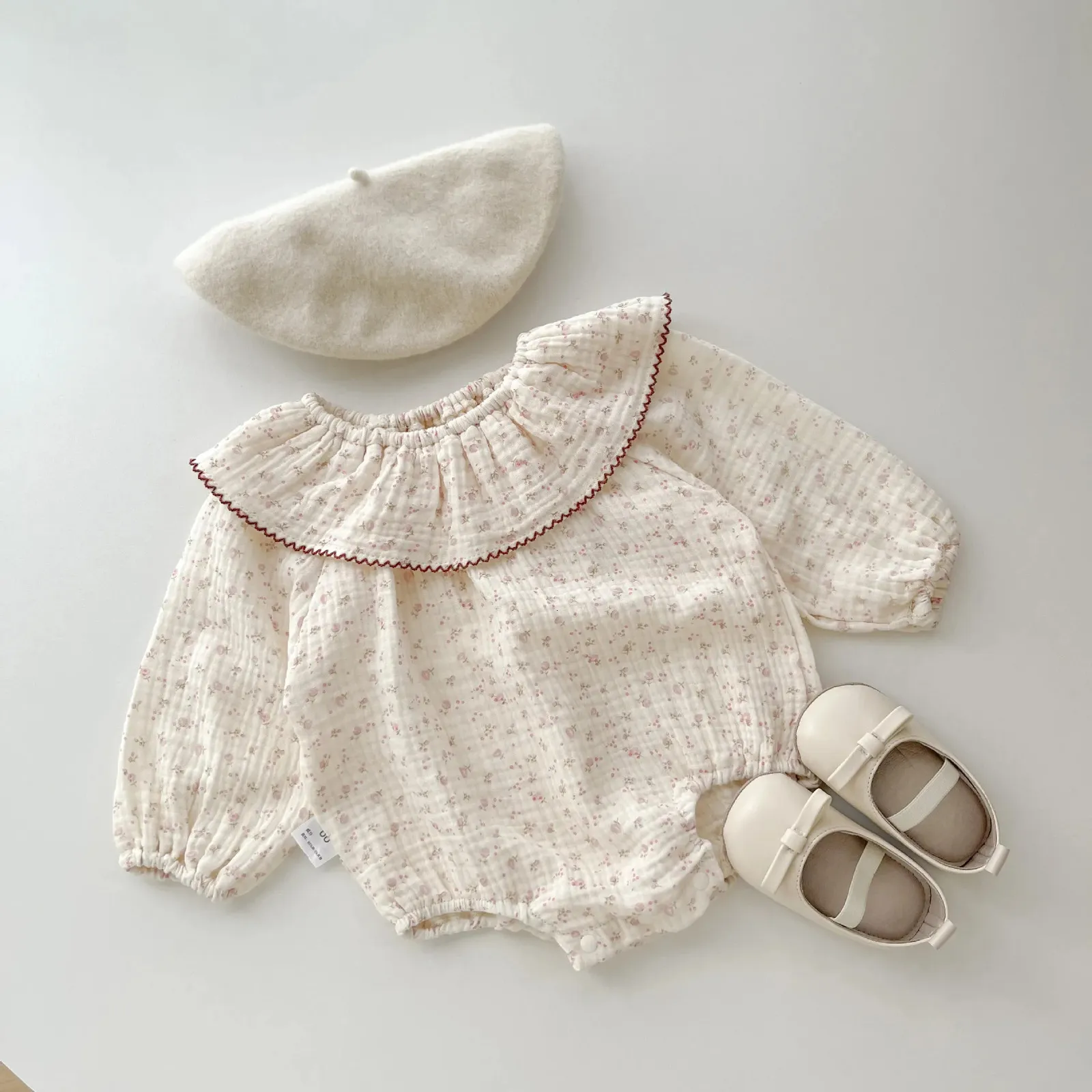 Ins Herbst Kostüm Kleinkind Baby Großen Kragen Mode Lange Ärmel Onesie geboren Junge Mädchen Baumwolle Blumen Druck Casual Bodysuit 240116