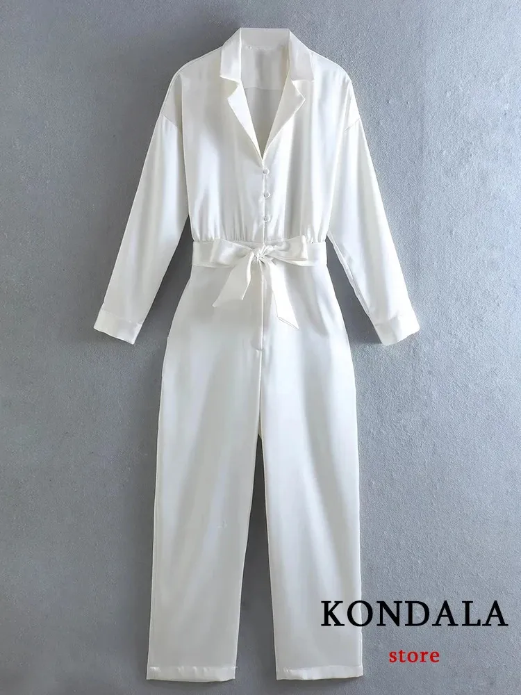 KONDALA Vintage Raso Bianco Pantaloni Lunghi Tuta Con Scollo A V Manica Fusciacche Tute Larghe Moda Elegante Pagliaccetto 240115