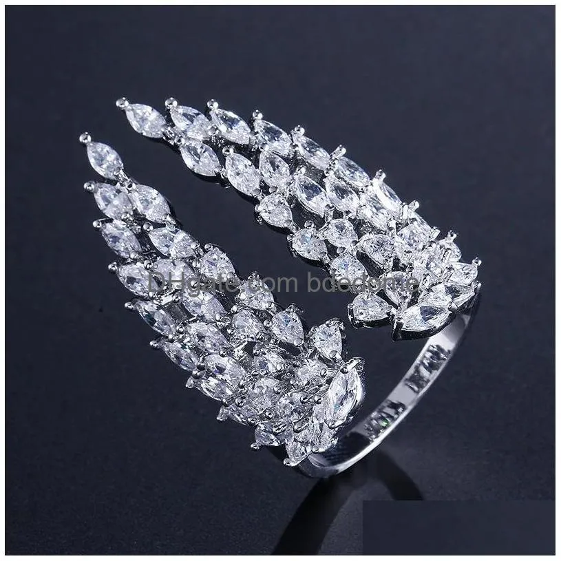 Fedi nuziali Scintillanti Gioielli di moda vintage 925 Sterling Sier Fl Taglio marquise Diamante bianco Eternità Ala Piuma nuziale Regolazione Dh4Wm