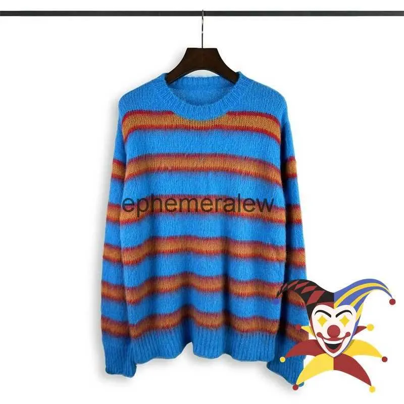 Suéteres masculinos Blue Stripe Knit Mohair Sweater Crewneck Homens Mulheres Melhor Qualidade Oversize Sweatshirtsephemeralew