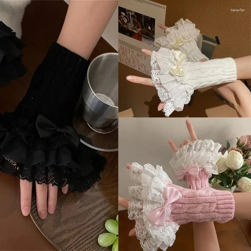 Genouillères L93F pour femmes, Vintage, tricot, dentelle florale, gants de poignet, manchette froncée élastique