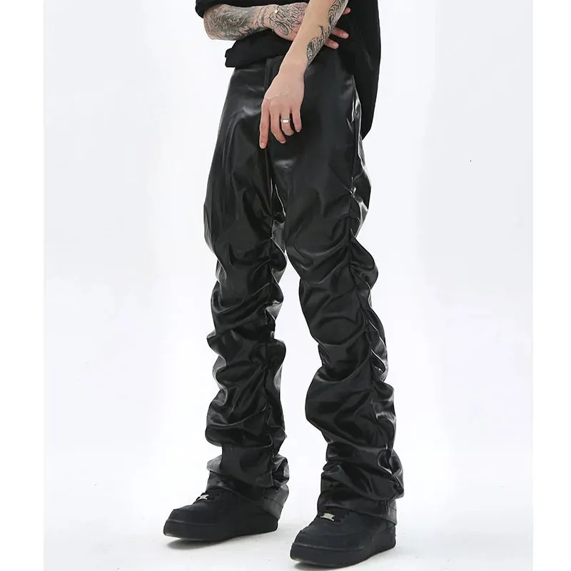 Hip Hop Men Mens Plated PU Skórzane spodnie Harajuku retro streetwear luźne ruche swobodne spodnie proste solidne kolory czarne spodnie 240116