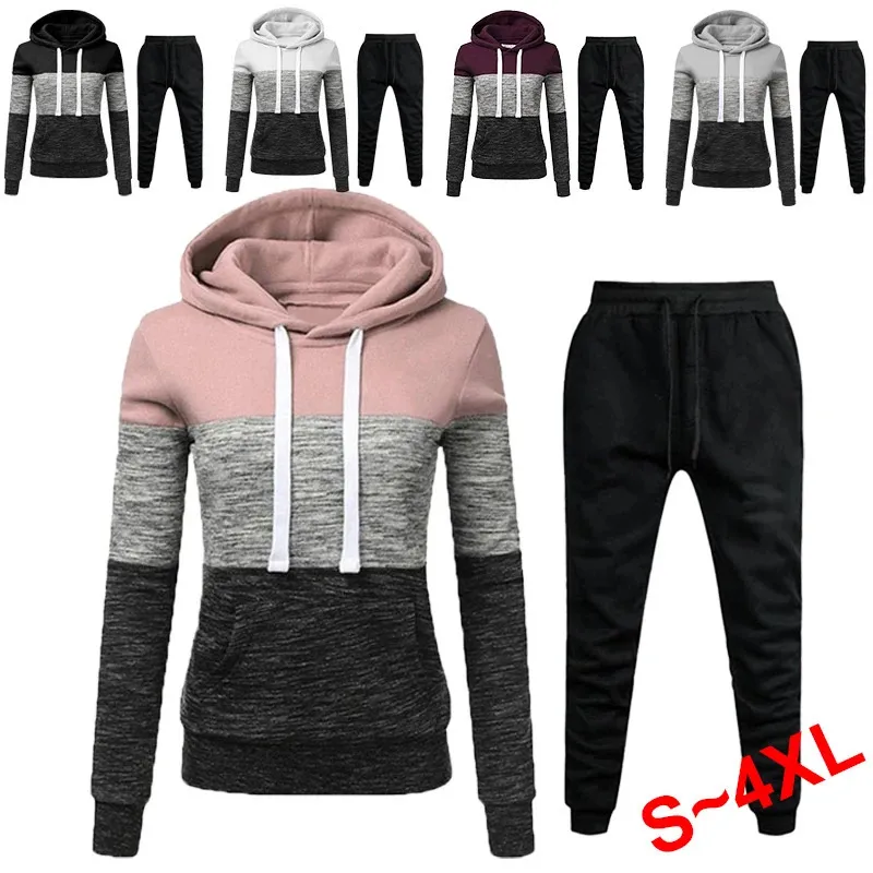 Ensemble de sweat à capuche tricolore de couleur unie pour femmes, sweat-shirt à capuche, pantalon, ensemble de jogging de sport, combinaison d'athlétisme à capuche S-4XL 240116