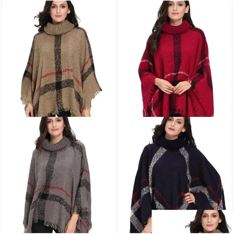 Xales Mulheres Poncho Suéteres Casaco Senhora Comprimento Médio Gola Alta Borlas Xaile Solto Tamanho Grande Camisola Camisa de Malha 24mm J2 Drop Delive Dhmpf