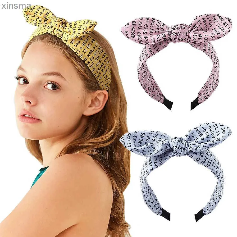 Headbands Bunny Ears Girls Hairband Letter Printed Rabbit Ears Wide Fabric Headband Wide Hair Hoop Hairbands Women Hair Accessories YQ240116