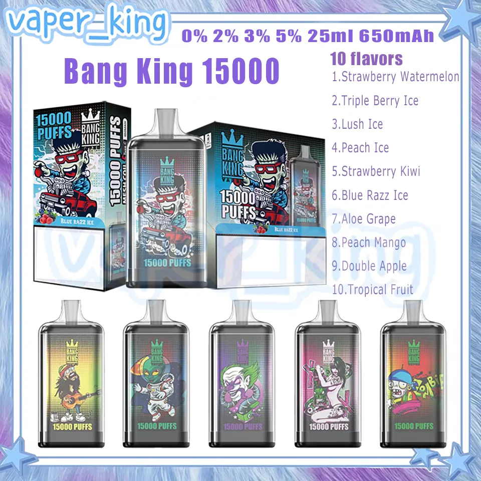 Retail Bang King 15000 Puff E Cigaretter Mesh Coil 25 ML POD 650mAh Battery Electronic Cigs Puffs 15K 0% 2% 3% 5% 10 smaker Vape Pen Snabb leverans