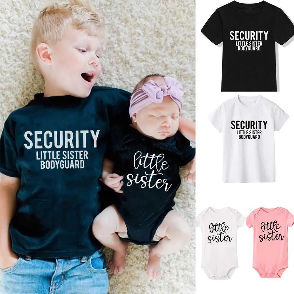 Familie Matching Outfits Big Brother Security Little Sister Bodyguard Kids Boys T-Shirt Pasgeboren baby Infant Girls Rompers broer of zus Matng kleding Outfit H240508
