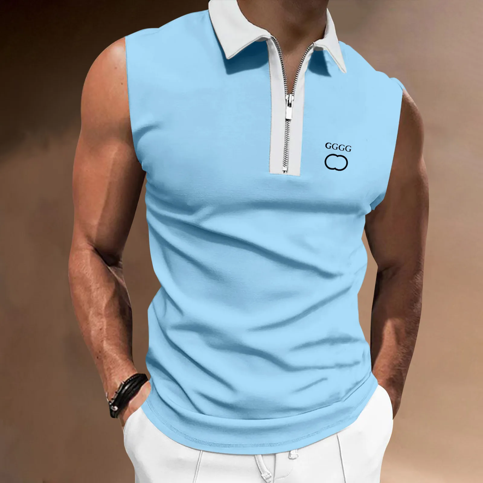 24s camisetas masculinas moda europeia e americana de alta qualidade novo zip colarinho aberto cavalo camisa sem mangas