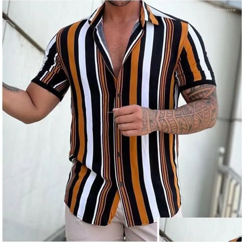 Camisas casuales para hombres Camisas casuales para hombre 2023 Camisa para hombres Rayas de moda Imprimir Manga corta Verano Botón de cuello vuelto Ropa masculina Dhgpe