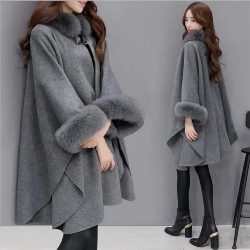 S-5XL Winter Warm Fashion Cloak Horn Buckle Woolen Poncho Capes Women Faux Rabbit Fur Dolman Sleeves Loose Long Cappa Coat 240115