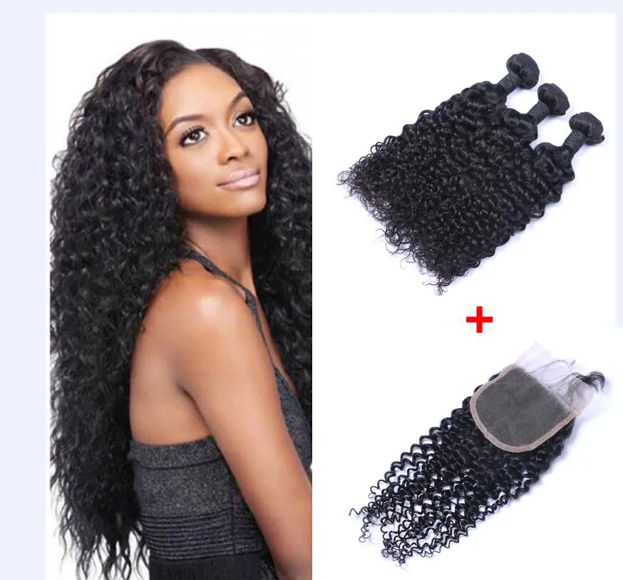 Cheveux brésiliens vierges bouclés Jerry 3 paquets avec fermeture en dentelle 4x4 noeuds blanchis 100 g/pièce couleur noire naturelle 1B doubles trames extensions de cheveux