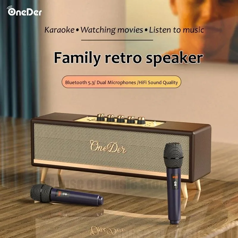 Speakers Highquality Retro Portable Wireless Bluetooth Speakers 60W Big Power Desktop Subwoofer Karaoke Machine with 2 Mic KTV Sound Set