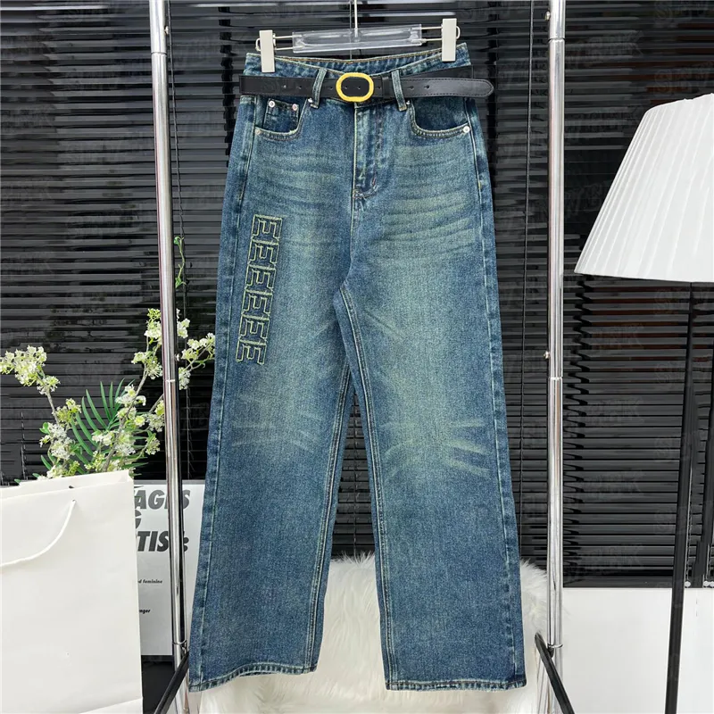 Designer jeans kvinnor denim byxor design sidobrev rak ben byxa hög midja mode jean byxor streetwear