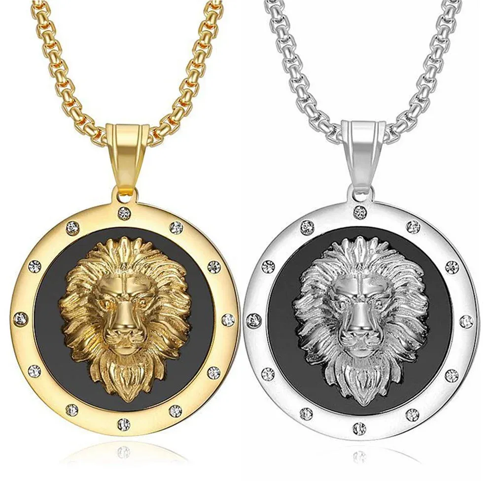 14k Yellow Gold Lion Head Pendand Chain Golden Color Iced Out Bling Round Animal Necklace for Men Hip Hop Jewelry