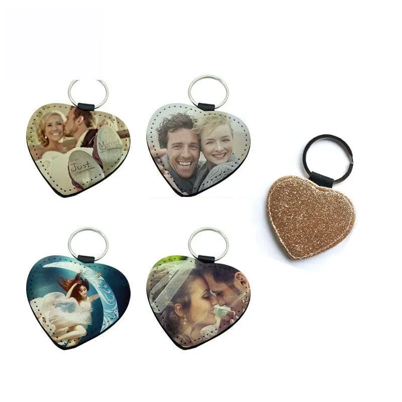 sublimation blank pu leather keychains heart round square rectangle key ring glitter hot transfer printing custom consumables