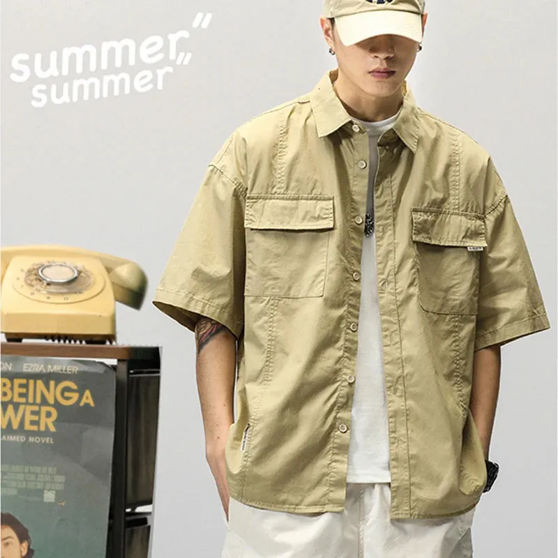 Summer Japanese Cargo Short Sleeve Shirt Men's Pockets Button Turndown Collar Shirts Fashion Casual Cardigan blouses Tops 240115