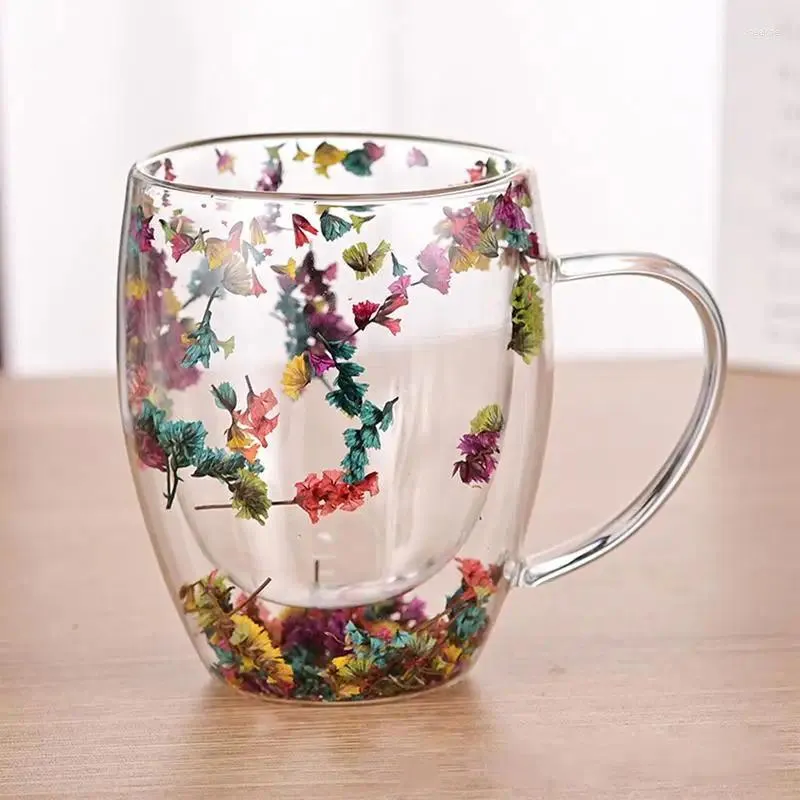 Mugs Dried Flower Double Wall Clear Glass Coffee Insulated Cup For Cold Beverages Latte Espresso