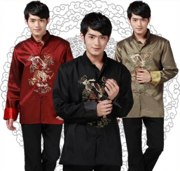 Wholesale New Chinese Style Men Silk Satin Jacket Embroidered Dragon Tang Suit Casual Long Sleeve Coat Slim Jackets Size S-XXXL