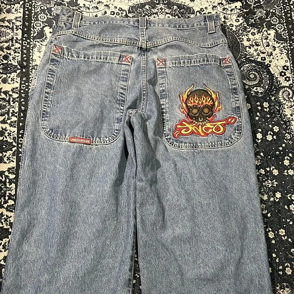 Américain rétro lavé gothique JNCO motif brodé jean hommes Y2K rue Hip Hop droit vadrouille pantalon large unisexe 240115