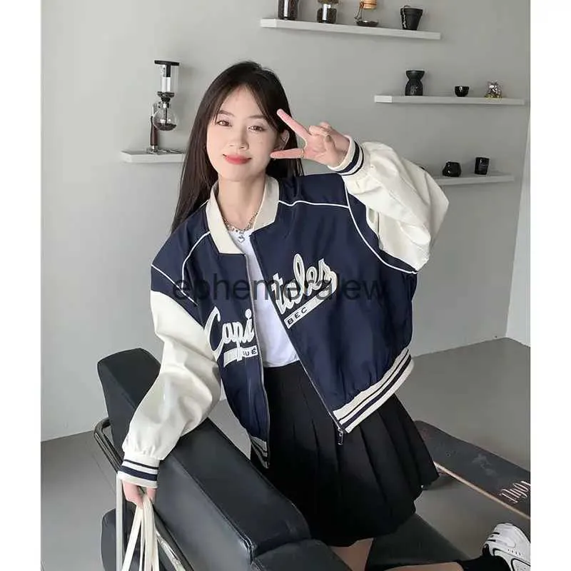 Women's Jackets Letter embroidery women splicing baseball uniform spring and autumn loose stand-up collar retro jacket short coat forephemeralew