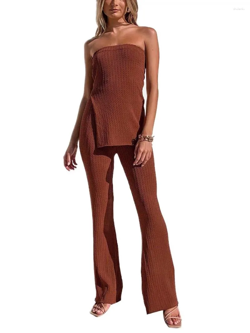 Dwuczęściowe spodnie kobiety Y2K 2 strój bez ramiączki Bezpośrednie ramienie rurka wycięcia wierzchołki elastyczne wysoką talię szeroką nogę długi zestaw