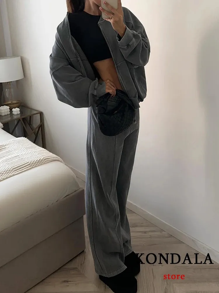 KONDALA – combinaison de Sport grise décontractée, veste à fermeture éclair manches longues, taille élastique, jambes larges, mode automne hiver 2023, 240115