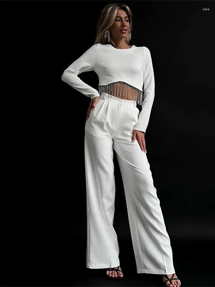 Women's Two Piece Pants RDMQ 23 Sexy Rhinestone Tassel Tops 2 Pcs Suits Woman Navel-less Fashion Long Sleeve Shirt Trousers Set Lady Elegant