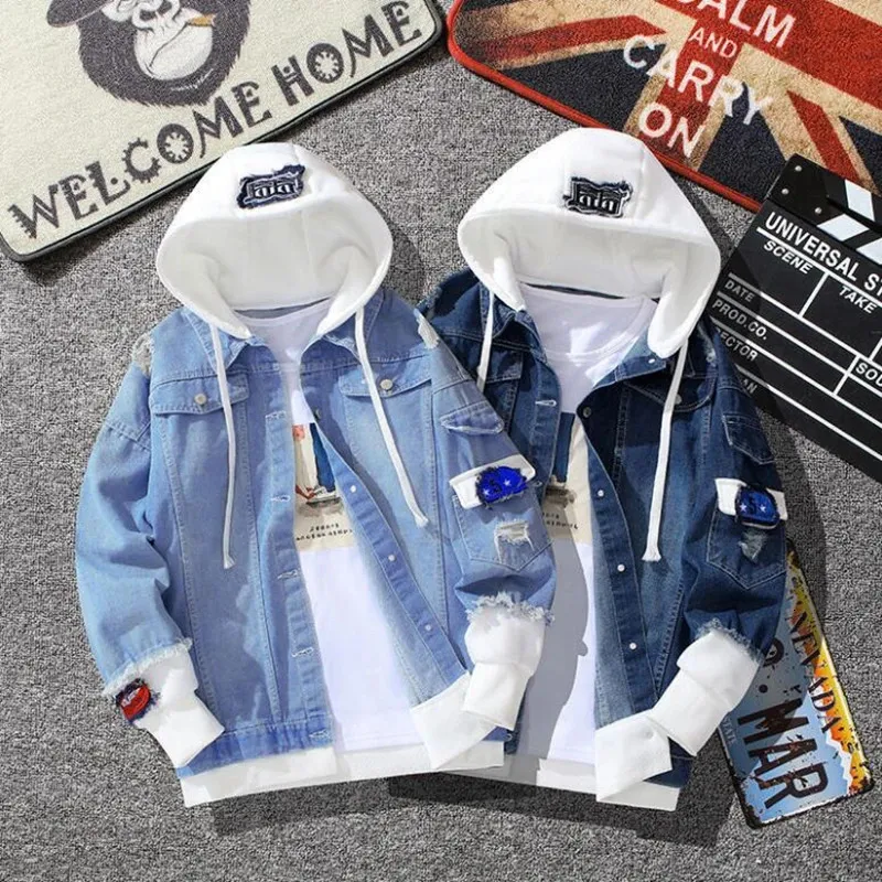 Hiphop mäns huva jean jackets manlig casual ytterkläder höst vinter mode smal fit päls män denim jacka streetwear 240115