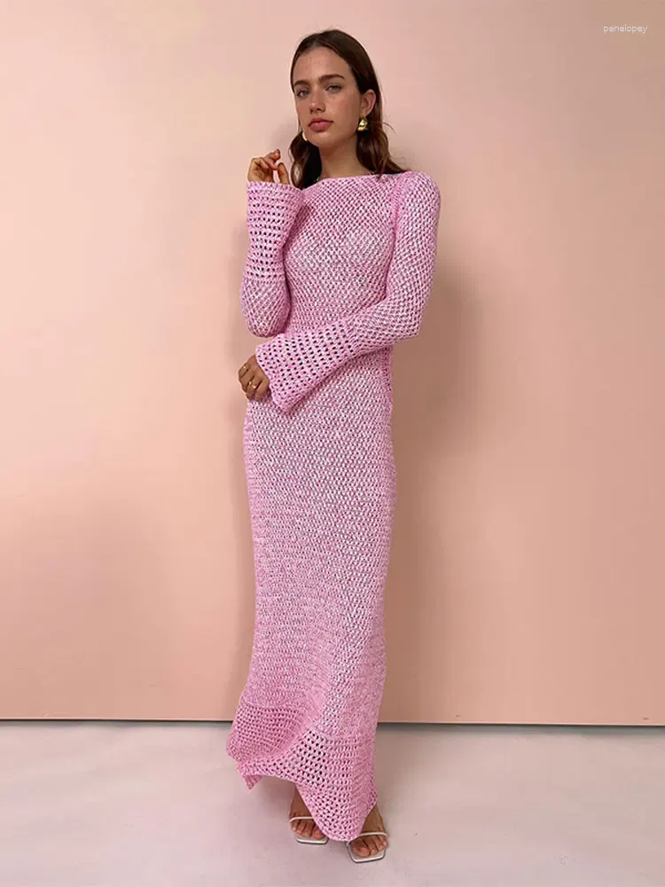 Casual Dresses Pink Hollow Out Long Knitted Dress For Women O Neck Crochet Knit Maxi Vestidos 2024 Female's Elegant Commute