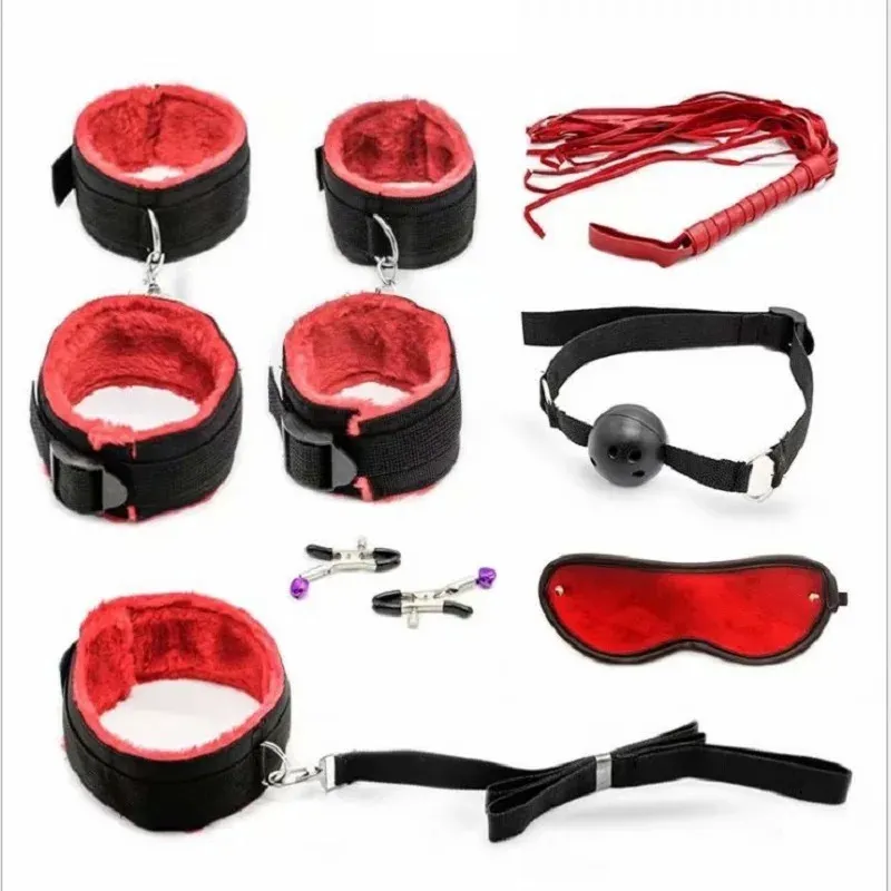 Секс-бондажный комплект, 7 шт., набор игр для взрослых, наручники, наручники, кнут, веревка с завязанными глазами для пар, эротические игрушки, товары 240115