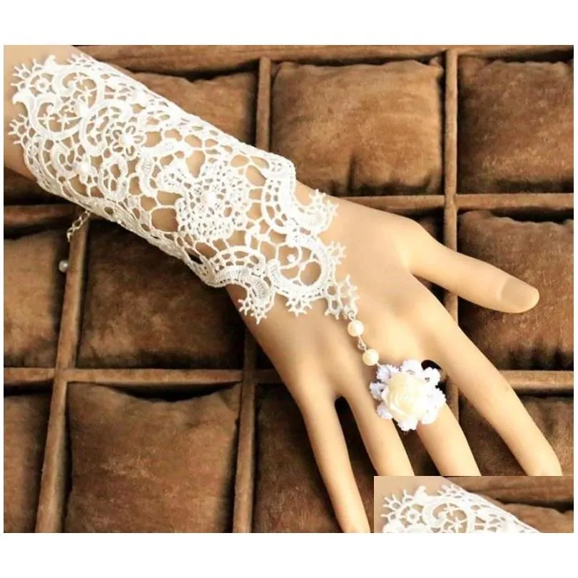 قفازات الزفاف تصميم الدانتيل لؤلؤة وايت بلاك قوس القوس أصابع الاصابع معصم القفاز