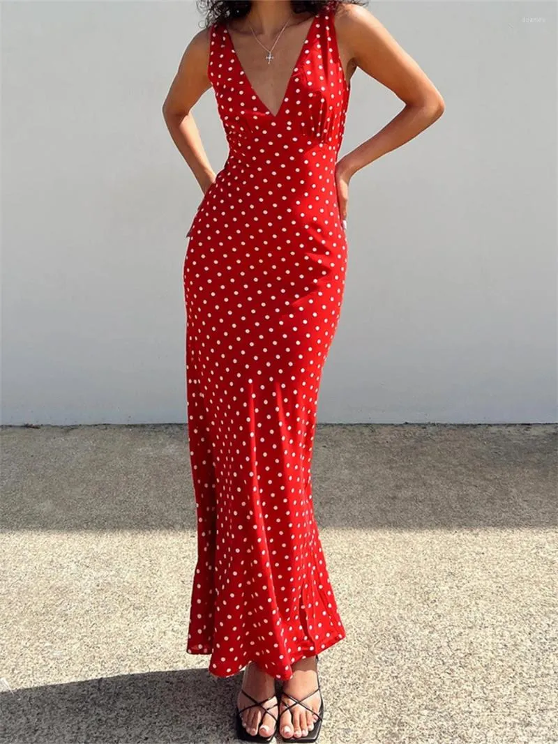 Casual Dresses Fashion Vintage Dots Print Long Tank Dress Women Summer Sleeveless V-Neck Bodycon Fishtail Party Beach Streetwear