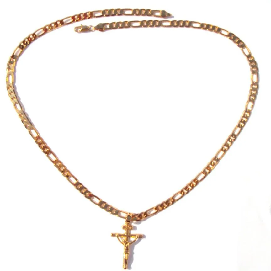 18K Solid Gold G F 4mm italiensk Figaro Link Chain Halsband 24 Kvinnor Herr Jesus Crucifix Cross Pendant299U