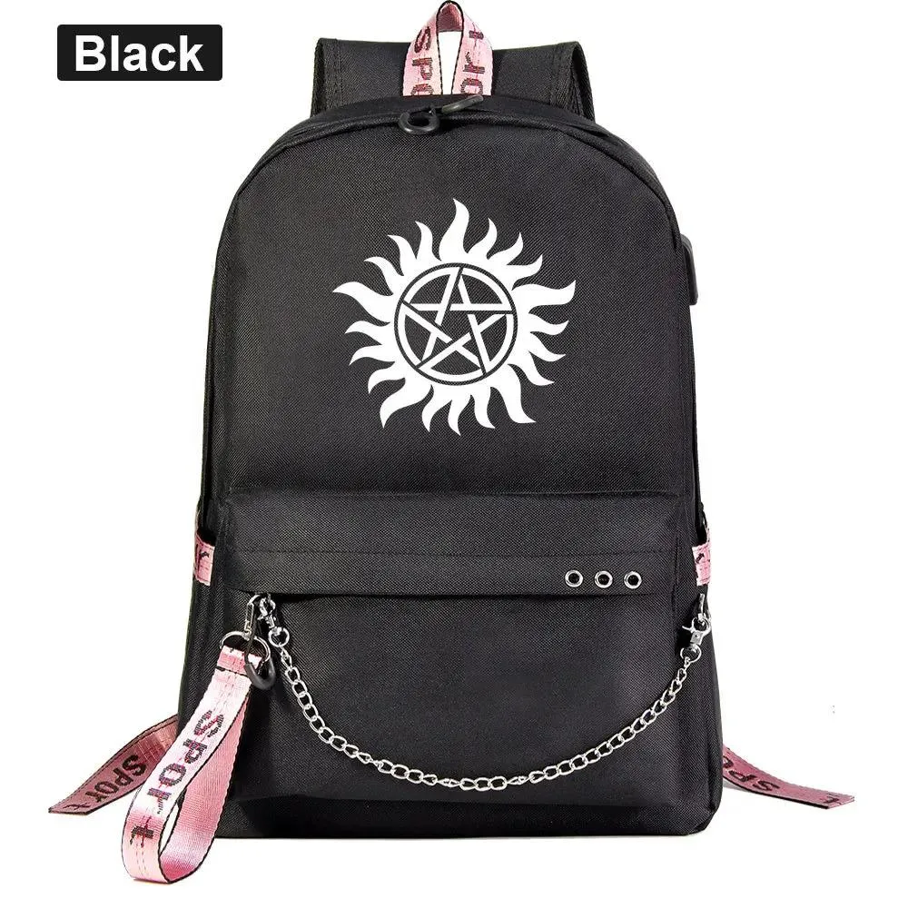 Sacos anime sobrenatural spn mal mochila escola sacos de livro viagem meninos meninas portátil fone de ouvido porta usb diariamente